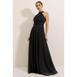 By Saygı Halterneck Lined Glittery Long Dress Black