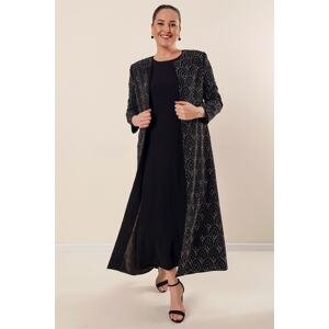 By Saygı Dress with a Long Jacket and Lined Stones Embroidered Plus Size 2-Piece Suit Black