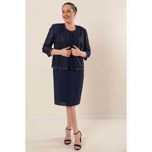 By Saygı Beading Detailed Crepe Dress With Guipure Jacket Lined Plus Size Two-Piece Suit Navy Blue