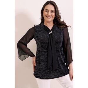 By Saygı With a scarf around the collar, glittery Plus Size Blouse Black-silver.