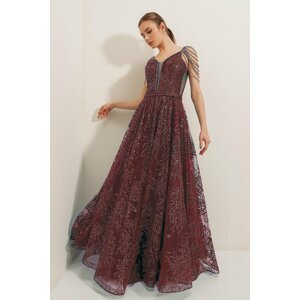 By Saygı Beading Detail, Lace-Up Back, Lined Plumper Shirred Long Dress Claret Red.