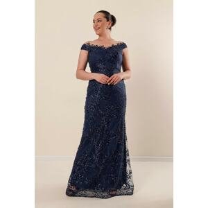 By Saygı Navy Blue Plus Size Long Dress With Tulle Detailed Sequins Embroidered Lined