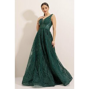 By Saygı Glittery Ghost and Tulle Princess Evening Dress Green