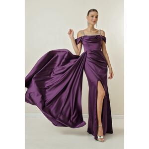 By Saygı Stone Detail Thin Straps Low Sleeve Lined Long Satin Dress