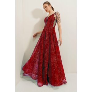By Saygı Beading Detailed, Lace-Up Lined Plum Sequined Long Dress Red