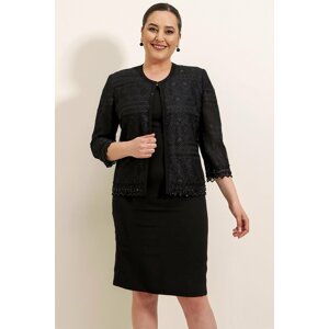 By Saygı Beading Detailed Crepe Dress With Guipure Jacket Lined Plus Size Two-Piece Suit Black.