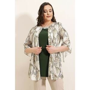 By Saygı Snake Patterned Collar Beaded Plus Size Lycra blouse in Satin Khaki