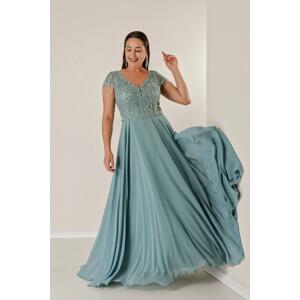 By Saygı V-Neck Front Back Plus Size Chiffon Long Dress with Beading Guipure Detail