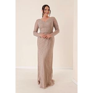 By Saygı Front Back V-Neck Lined Plus Size Long Tulle Dress with Stones.