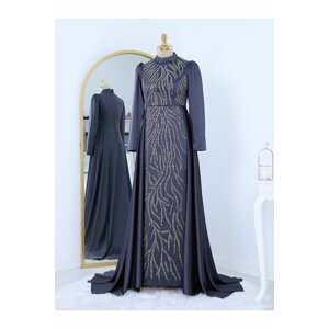 Modamorfo Bead Embroidered Satin Evening Dress with a Tail.
