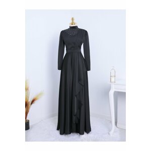 Modamorfo Stand-Up Collar Satin Evening Dress with Spread Stones.