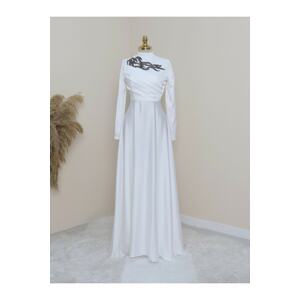 Modamorfo Evening Dress with Stones on the Collar and Draped Front