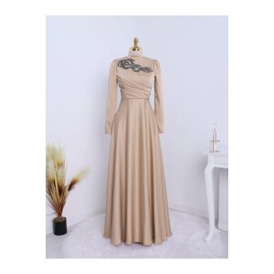 Modamorfo Evening Dress with Stones on the Collar and Draped Front