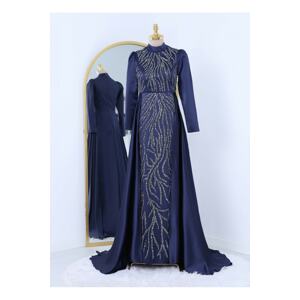 Modamorfo Bead Embroidered Satin Evening Dress with a Tail.