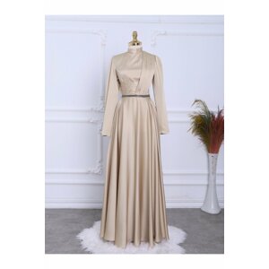 Modamorfo Satin Evening Dress with Bead Detail at the Waist with Draping in the Front.