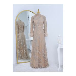 Modamorfo Glitter Tulle Evening Dress with Feathered Sleeves