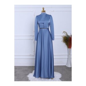 Modamorfo Satin Evening Dress with Bead Detail at the Waist with Draping in the Front.