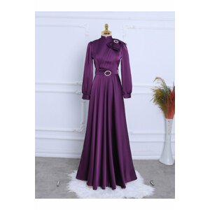 Modamorfo Satin Evening Dress with Brooch, Bow, Stones and a Belt.