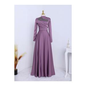 Modamorfo Evening Dress with Stones on the Collar and Draped Front