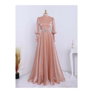 Modamorfo With Big Stones and a Belt, Balloon Sleeve Evening Dress