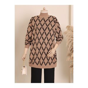 Modamorfo Half Turtleneck Lozenge Pattern Double Plated Winter Knitwear Tunic