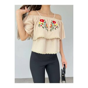 Modamorfo Rose Embroidered Guipure T-Shirt with Yarn Suspenders