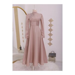 Modamorfo A Judge Collar with Stones Detailed in the Front, Satin Evening Dress.