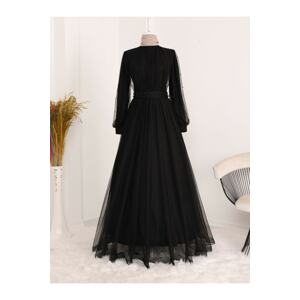 Modamorfo Pearls on the sleeves and belt, Judge Collar Tulle Evening Dress.
