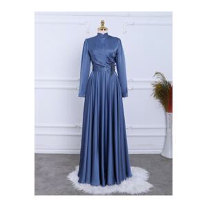 Modamorfo Rose Detailed Waist Draped Satin Evening Dress.