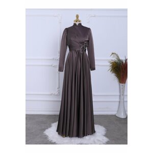 Modamorfo Rose Detailed Waist Draped Satin Evening Dress.