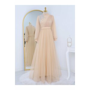 Modamorfo Stone Detailed Draped and Belted Tulle Evening Dress.