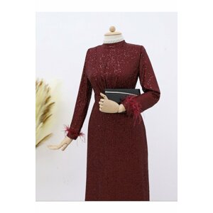 Modamorfo Feather Detailed Sleeves, Belted Sequin Sequin Evening Dress.