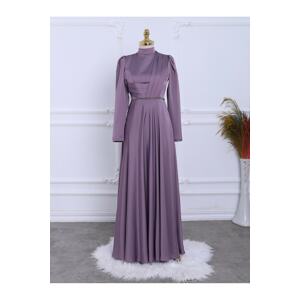 Modamorfo Satin Evening Dress with Bead Detail at the Waist with Draping in the Front.