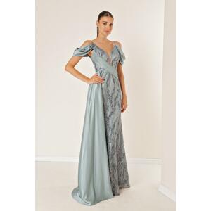 By Saygı Chain Strap Front Back V-Neck Low Sleeve Silvery Flocked Printed Lined Long Mermaid Dress Mint