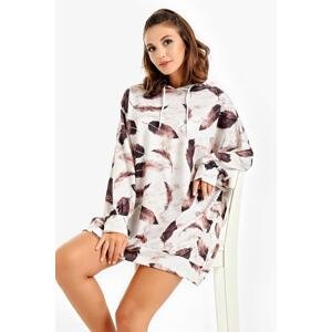 By Saygı Women's Cream Feather Patterned Oversized Sweat Dress with a Hooded