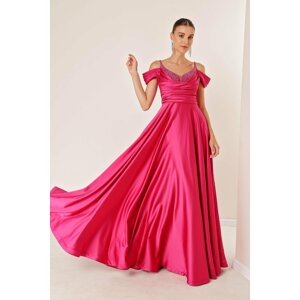 By Saygı Evening Dress With Rope Straps, Low Sleeves Stone Detailed, Lined Long Satin Evening Dress with Drape and Fuchsia.