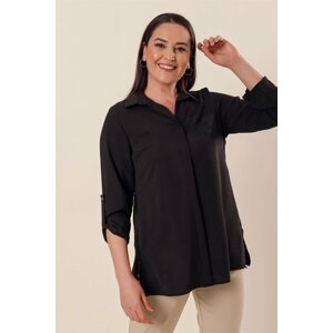 By Saygı Crepe Plus Size Blouse with Star Stones Black