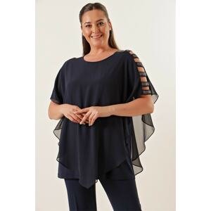 By Saygı Navy Blue Plus Size Blouse is a Chiffon top with Stripe Sleeves.