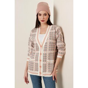 By Saygı Checked Patterned Acrylic Cardigan with Pockets Powder