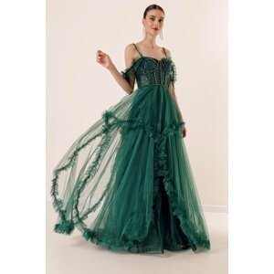 By Saygı Emerald Green Evening Dress With Decollete Beaded Ruffles Tulle Evening Dress