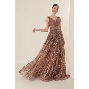 By Saygı Thick Straps and Lined Glittery Flocked Printed Long Dress Dark Brown