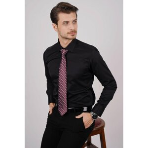 Etikmen Shirt Tie Set Included in Gift Box Claret Red Square Pattern Tie &; Black Satin Slimfit Shirt