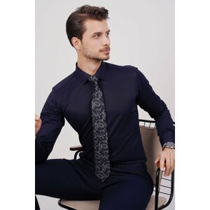 Etikmen Shirt and Tie Set (Navy Blue Paisley Patterned Tie &; Navy Blue Satin Slimfit Shirt)