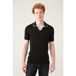 Avva férfi fekete gomb kigombolt pólónyak mancscsík részletes bordázott standard szabás normál szabású kötöttáru póló A