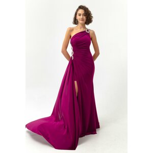 Lafaba Women's Plum One-Shoulder Long Evening Dress with Stones.