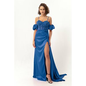 Lafaba Women's Indigo Underwired Corset Detailed Off the Shoulder Long Evening Dress.