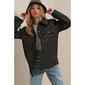 Trend Alaçatı Stili Women's Black Four Pockets Seasonal Safari Jacket with Buttons