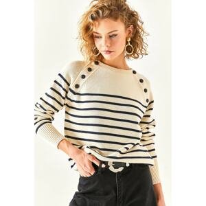 Olalook Women's Ecru One-Shoulder Button Detailed Soft Textured Knitwear Sweater