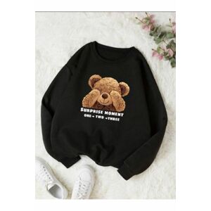 Know Women's Black Shy Teddy Bear Printed Crewneck Sweatshirt