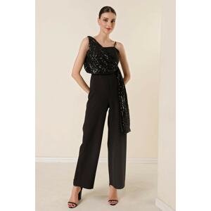 By Saygı One Side Has a Thread Strap, Sequined Shawl On One Side Accessorized Jumpsuit Black.